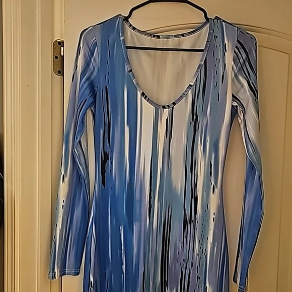 Shein Dresses | Designer Stretch Dress By Shein, Sz S, Multi-Color Blue/Black/White, Long Sleeve | Color: Black/Blue | Size: S | Darleneshaw78's Shein Dresses | Designer Stretch Dress By Shein, Sz S, Multi-Color Blue/Black/White, Long Sleeve | Color: Black/Blue | Size: S | Darleneshaw78's
